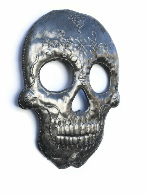 Veve Bossou Skull Metal Wall Hanging Sculpture, Sugar Skull Skeleton Artwork, Handmade in Haiti, Recycled Metal