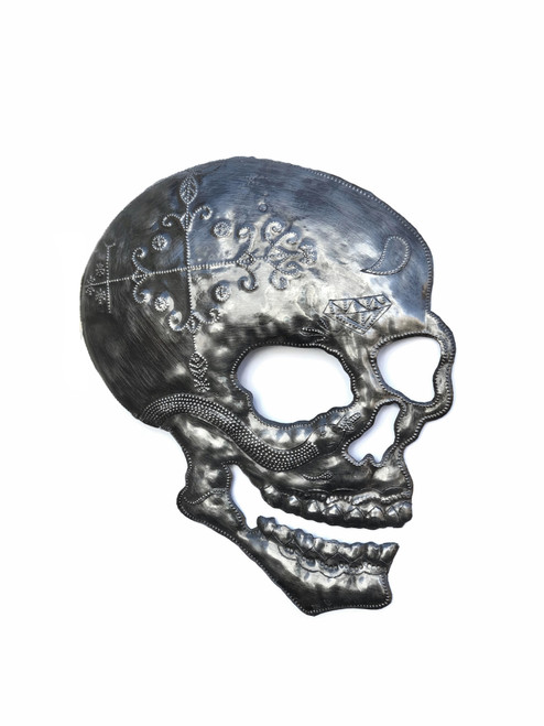 Veve Papa Legba Skull Metal Wall Hanging Sculpture, Skeleton Artwork, Handmade in Haiti, Recycled Metal 11.25 X 9.5 Inches