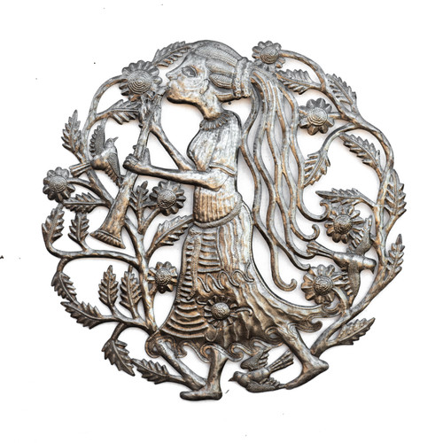 Girl, Clarinet, Trumpet, Sunflowers, Floral Art, Upcycled, Recycled, Metal, Steel, Oil Barrels, Musical, Musician Girl, Clarinet, Trumpet, Sunflowers, Floral Art, Upcycled, Recycled, Metal, Steel, Oil Barrels, Musical, Musician