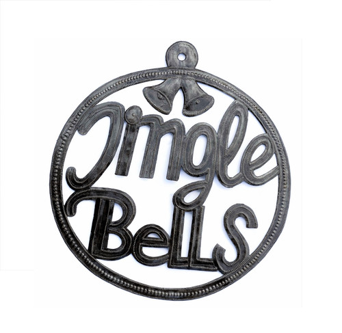 Merry Christmas Wall Hanging Decorations, Hang on Front Door or Window, Handmade in Haiti, Jingle Bells, Haitian Upcycled Artwork, 16 x 17