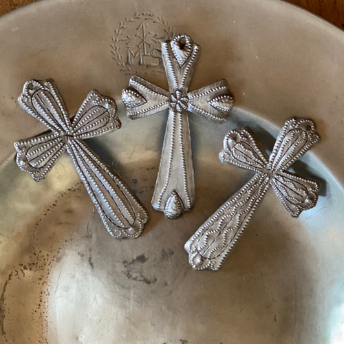 Small Decorative Crosses, Set of 3, Embossed with a Flower and Dots, Handmade from Recycled Material, Haitian Metal Cross Collection