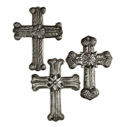 Small Galvanized Milagro Cross with Heart Design, Handmade Haitian Crosses, Set of 3, Decorative Wall Collection, Upcycled Religious Décor, Hope, 3 x 4.25 Inches