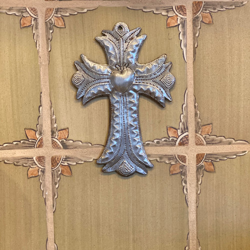 Small Cross with Heart, Silver Bronzed Metal, Handmade in Haiti, Wall Hanging Collection, Decorative Milagro Charms 4 x 6 Inches