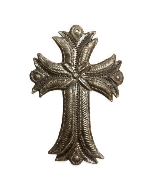 Small Decorative Cross with Flower, Silver Bronzed Metal, Handmade from Recycled Material, Wall Hanging Collection, Milagro Charm 4 x 6 Inches