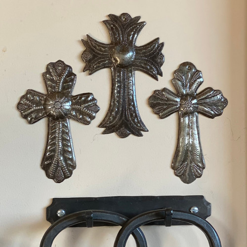 Small Crosses, Set of 3, Decorative Figurines, Wall Hanging Recycled Haitian Oil Drum Art, 4 x 6 Inches Small Crosses, Set of 3, Decorative Figurines, Wall Hanging Recycled Haitian Oil Drum Art, 4 x 6 Inches