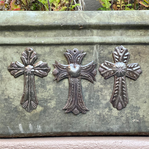 Small Crosses, Set of 3, Decorative Figurines, Wall Hanging Recycled Haitian Oil Drum Art, 4 x 6 Inches