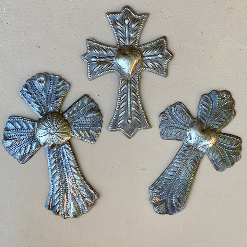 Small Crosses, Set of 3, Decorative Figurines, Wall Hanging Recycled Haitian Oil Drum Art, 4 x 6 Inches Small Crosses, Set of 3, Decorative Figurines, Wall Hanging Recycled Haitian Oil Drum Art, 4 x 6 Inches