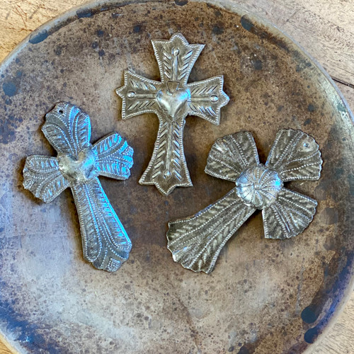 Small Crosses, Set of 3, Decorative Figurines, Wall Hanging Recycled Haitian Oil Drum Art, 4 x 6 Inches