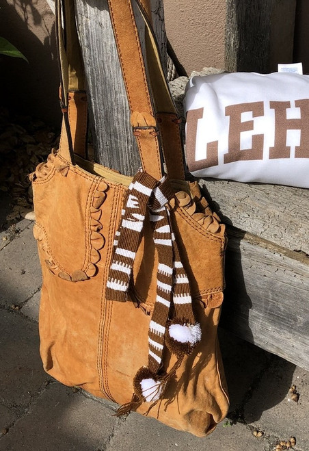 Belt Strap with Pom Poms, Hat Band, Hat bands, Brown and White, Wrap Around Tie, Ethnic Patterns, Tassel, Guatemala 40 x .75 Inches + 6" ends