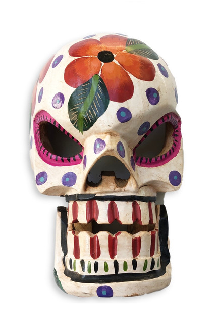 Mask Skull Wooden Hand Carved Skeleton, Day of The Dead, Decorative Painted Flowers, Vintage, Dia de los Muertos