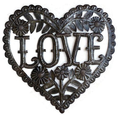 Love Heart, Haitian Metal Recycled Outdoor Art Wall Sculpture, Handmade Wall Hanging Artwork 13 x 13 Inches