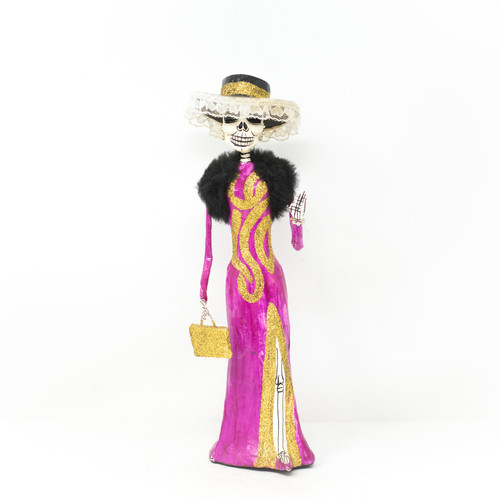 La Catrina Mexican Skeleton, Day of The Dead Decorations, Hand Painted Fancy Magenta Dress with Sombrero…
