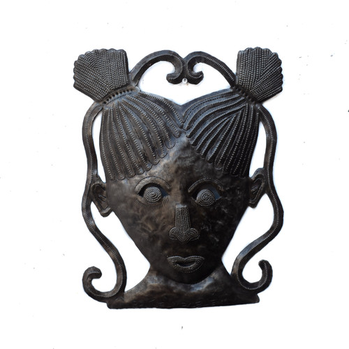 Ponytail Girl, Sustainable Decor, Girl Mask, Haitian Metal Mask, Haitian Metal Girl Mask, Salon Decor, Salon Sculpture, Metal Salon Sculpture  Ponytail Girl, Sustainable Decor, Girl Mask, Haitian Metal Mask, Haitian Metal Girl Mask, Salon Decor, Salon Sculpture, Metal Salon Sculpture