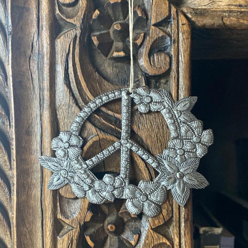 Christmas Ornaments, Peace Sign with Flowers, Handmade Haitian Art, Holiday Ornament Exchange, Decorations, 4 x 3 Inches
