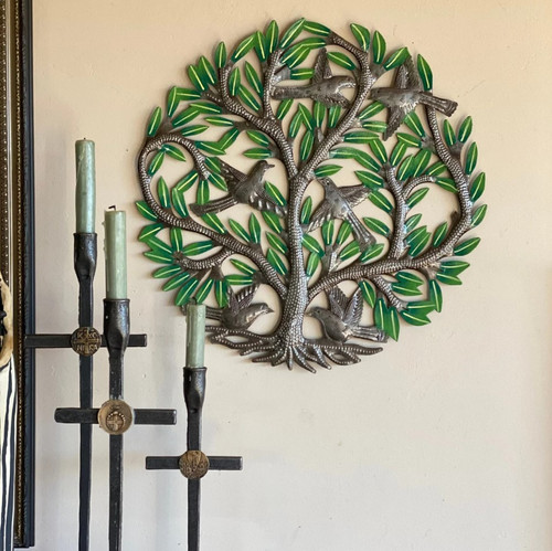 It's Cactus New Painted Tree of Life Wall Decor with Birds, Decorative Family Living Room Ideas, Handmade in Haiti, 17" X 17"…