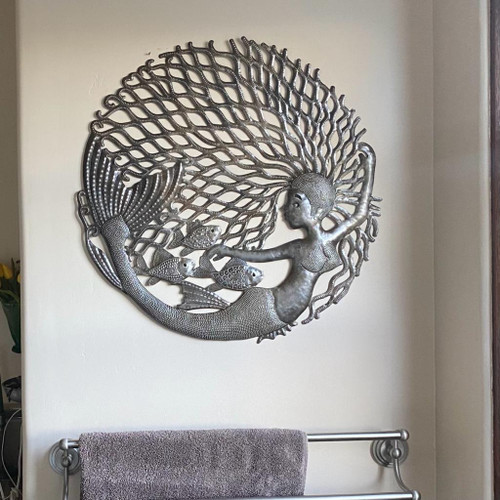 Mermaid with Fish Circular Wall Frame, Beach House Decorations, Handmade in Haiti 23" x 23"