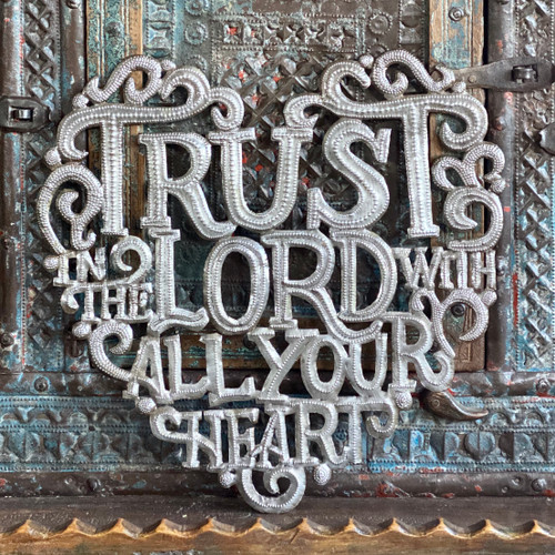 Trust in the Lord with all your Heart Wall Hanging Plaque, Spiritual Sculpture, Heart Design, Handmade in Haiti from Recycled Steel Barrels