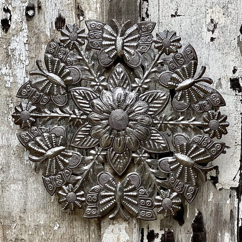 Floral Garden Plaque, Haitian Metal Recycled Outdoor Art Wall Sculpture, 15 x 15 Inches…