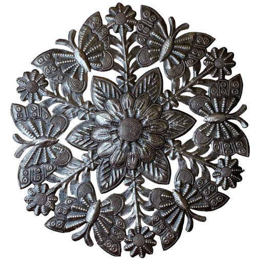 Floral Garden Plaque, Haitian Metal Recycled Outdoor Art Wall Sculpture, 15 x 15 Inches…