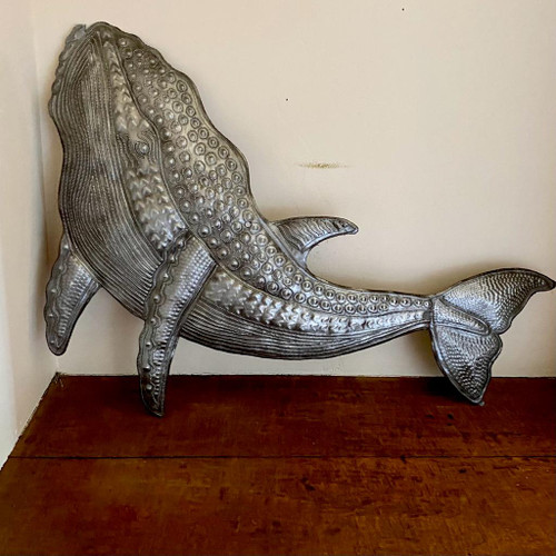 Gray Whale Wall Hanging Art, Sea Life Home Decor Sculptures, Large Fish Metal Artwork, 24 x 12 Inches, Handmade, Haitian Plaques