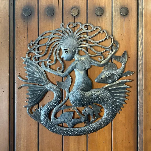 23" Mermaid Home Decor, Metal Wall Hanging Art, Haitian, Handmade, Indoor Outdoor