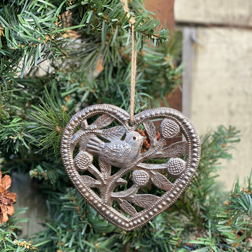 Heart Ornament with a Flower and Bird Cut Out, 4.5 x 4.5 Inches, Handcrafted in Haiti, Decorative Christmas Ornaments