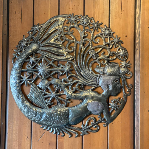 Mermaid with Veve, Tropical Sea Life Creatures, Wall Hanging Plaque, Metal Sculpture, Haitian Artwork, 23 Inches Round, Home Decor