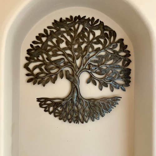 Tree of Life with Bird on Trunk, Handcrafted Wall Hanging Metal Artwork, Indoor Outdoor Display 23"