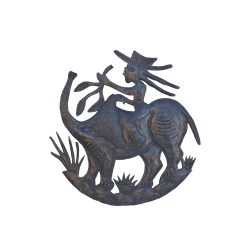 Elephant Rider, Man Riding Elephant, Feeding the Elephants, Elephant, Safari Themed Decor, Metal Elephant, Gifts for Elephant Lovers, Elephant Decor, Elephant Folk Art, Haitian Metal Art, Croix-des-Bouquets Art 