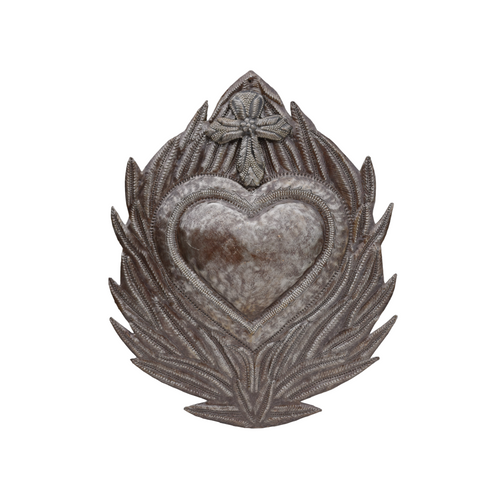 Flaming Milagro Heart with Cross, Religious Cross, Religious Flaming Heart, Religious Dcor, Religious Sculpture, Metal Religious Art, Milagro Heart Wall Sculpture 