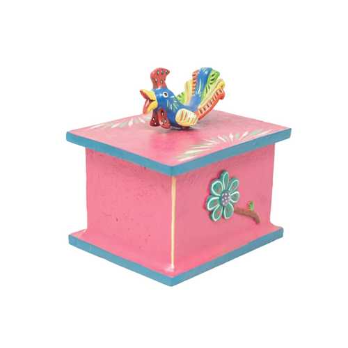 Pink Clay Box, Pink Clay Rooster Box, Colorful Rooster Jewelry Box, Mexican Folk Art, Handmade Clay Mexican Folk Art, Clay by Gerardo Ortega, Gerardo Ortega Artist, Colorful & Whimsical Decor, Colorful Farmhouse Decor