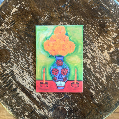 Mexican Folk Art, Chicana Folk Art, Mexican Indigenous Folk Art, Emilia Garcia, Chicana Emilia Garcia, Los Angeles Artist, Painting, Print of Emilia Garcia, Magnets,  Day of the Dead Art, Day of the Dead Skull Vase & Marigolds, Dia de los Muertos Ofrenda, Calendulas, Dia de los Muertos Calendulas