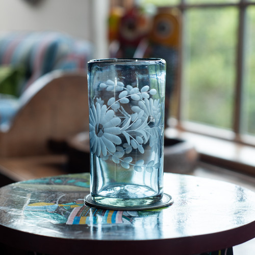 Handblown Mexican Etched Glass, Recycled Etched Glass, Floral Etched Glass, Vintage Floral Etched Glass, Mexican Kitchen Home, Mexican Kitchen Decor, Floral Folk Art, Vintage Home Decor, Rose Ann Hall Condessa, Mexican Etched Rose Ann Hall Condessa, San Miguel de Allende Handblown Glass, Mexican Folk Art, Vintage Mexican, Made in Mexico