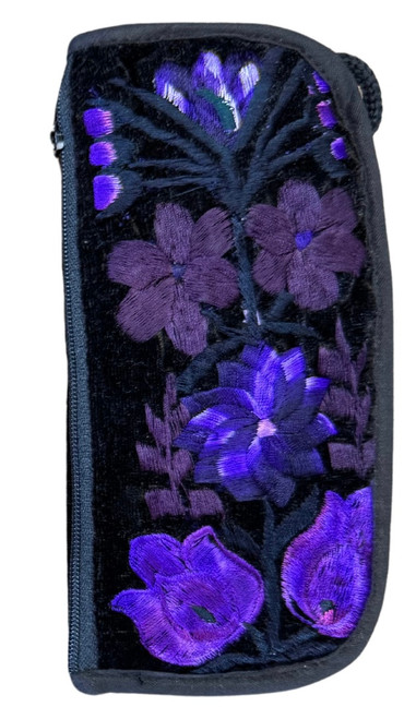 Soft Floral Eyeglasses Pouch Holder Case with Side Zipper Pocket and Strap, Hand Embroidered Soft Floral Eyeglasses Pouch Holder Case with Side Zipper Pocket and Strap, Hand Embroidered