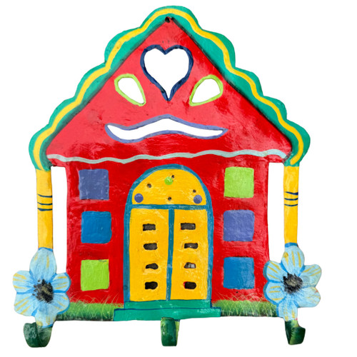 Gingerbread House Hand Painted Triple Wall Hook Whimsical Design Haiti, Hand Painted Folk Art,  Vintage Haitian Art, Wall Hook, Gingerbread Wall Hook, Vintage Home Decor. Colorful Home Decor, Nursery Room Decor, Maximalist Home Decor, Child's Room Decor