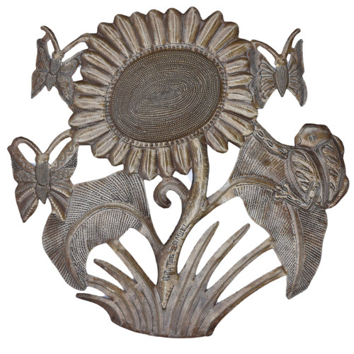 Handcrafted Haitian Metal Flower with Butterflies and a Frog