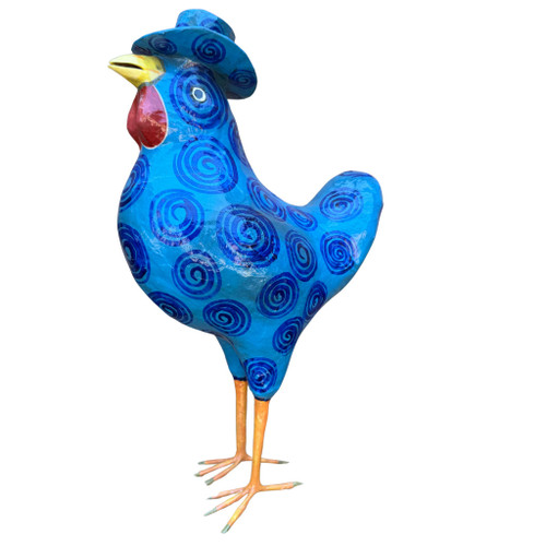 Hand Painted Bright Blue Rooster in a Top Hat with Swirls Whimsical Paper Mache