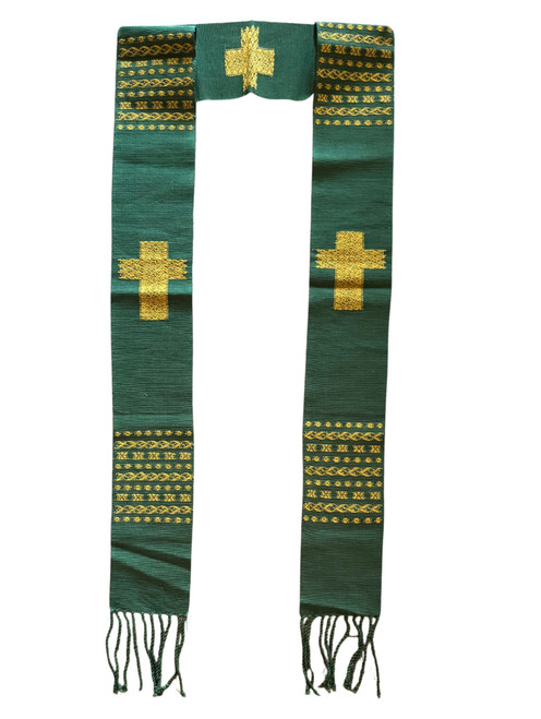 Clerical Stole, Deacon Estola, Handwoven with Green and Gold, Guatemala Textile Home Decor, Festive, Cotton