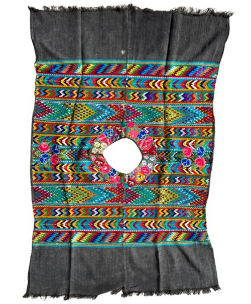 Vintage Guatemalan Huipil from San Juan Comalapa faded Black background, Used condition, small bleached spot on the front