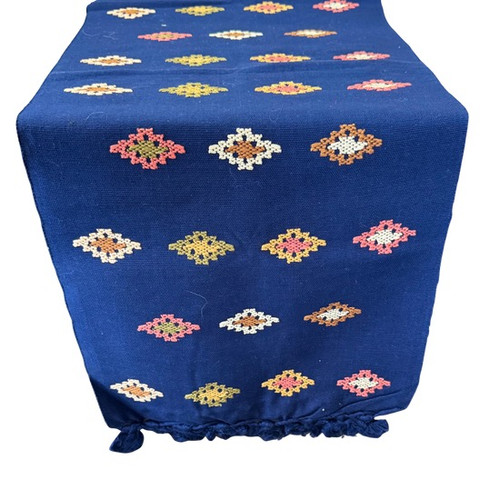 Handmade Fair Trade Table Runner, Navy Blue Base Color with Earth tone Geometric Designs with Tassel Ends