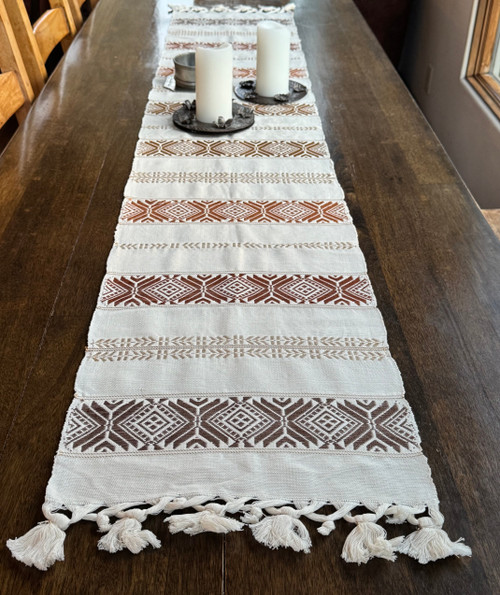 Handmade Fair Trade Table Runner, Cream Base Color with Brown Geometric Designs with Tassel Ends
