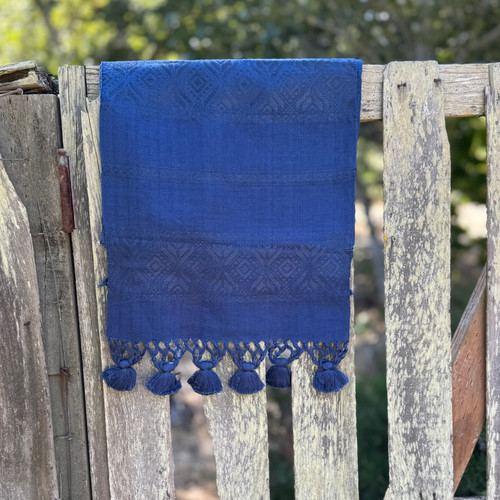 Handmade Fair Trade Table Runner, Blue Base Color and Blue Geometric Designs with Tassel Ends