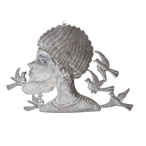 Haitian Metal Art by Artist Louis Antelus Boy with Birds