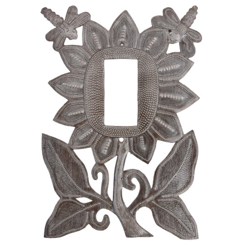 handmade rocker plate cover, Haitian metal switch plate, sunflower and dragonfly décor, Fair Trade wall plate, recycled metal art, handmade home décor, Haitian artisan metalwork, sustainable wall plate cover