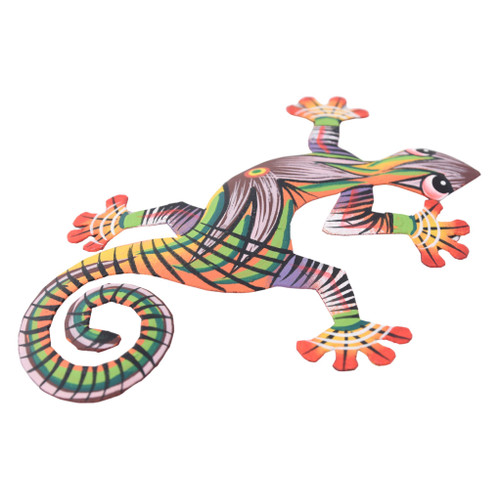 Colorful Gecko Sculpture, Handmade Haitian Art, Bold colors and lines on his body