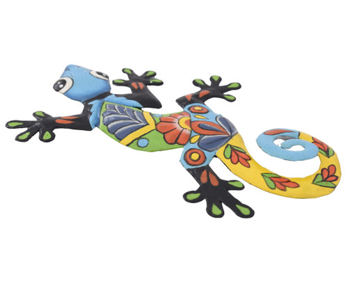 Talavera Colored Gecko Sculpture, Handmade Haitian Art, Blue Head