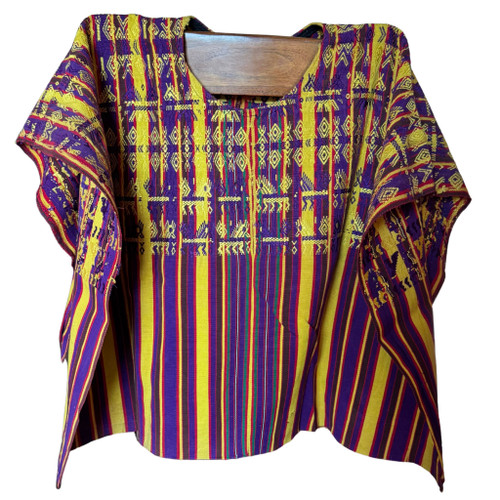Vintage Handwoven Huipil Blouse – Guatemalan Mayan Top from San Juan Sacatepéquez | Purple & Yellow Traditional Embroidered Blouse