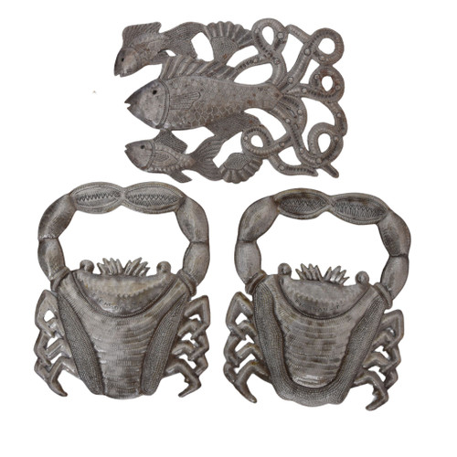 Lot of 3 Haitian Metal Sculptures – 2 Crabs & 1 Fish – Handmade from Recycled Steel Drums – Nautical Coastal Décor