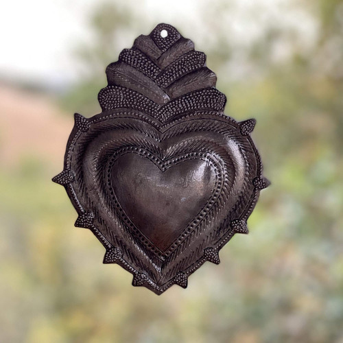 upcycled home decor, steel barrel art Haiti, symbolic heart wall hanging