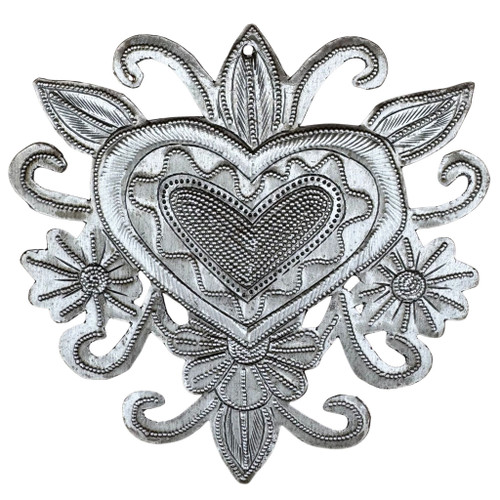 Haitian metal art, recycled steel heart, fair trade wall décor, handmade metal sculpture, Haitian heart wall art, eco-friendly home décor, hand-hammered steel art